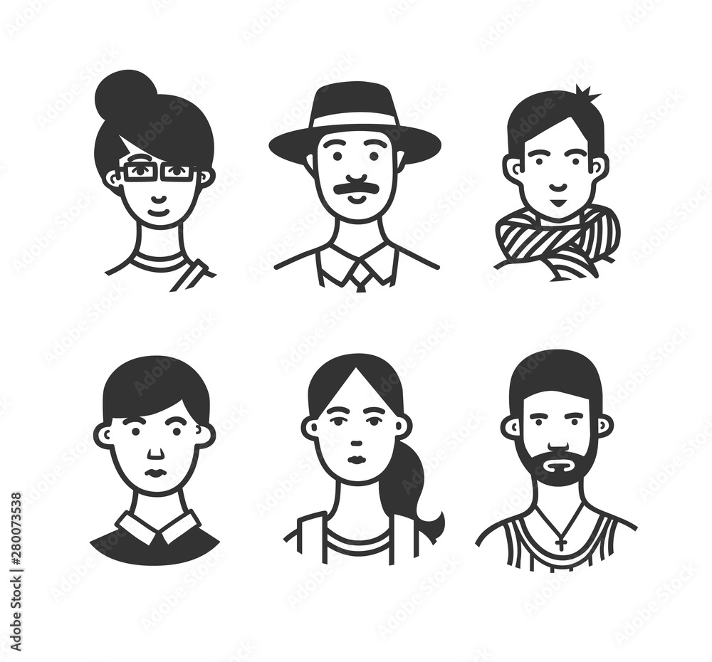 Set of cartoon characters or avatars with different hairstyles and accessories hand drawn with contour lines in one color. Set of cartoon characters or avatars with different hairstyles and accessories hand drawn with contour lines in one color.