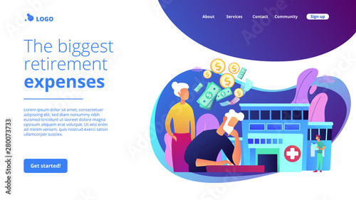 Pensioners social security. Healthcare expenses of retirees, supplemental health insurance plan, the biggest retirement expenses concept. Website homepage landing web page template.