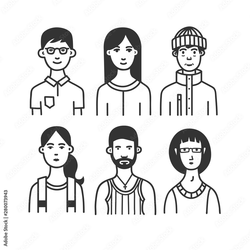 Large collection of cartoon characters or avatars with different hairstyles and accessories hand drawn with contour lines in one color. Large collection of cartoon characters or avatars with different hairstyles and accessories hand drawn with contour lines in one color.