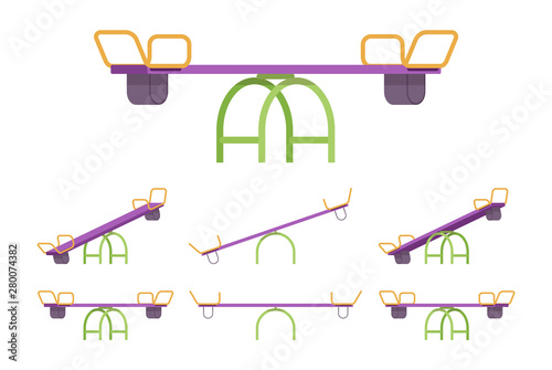 Seesaw set for playground equipment. Teeter-totter garden or park fun and outdoor recreation for kids, toddlers. Vector flat style cartoon illustration isolated on white background, different views