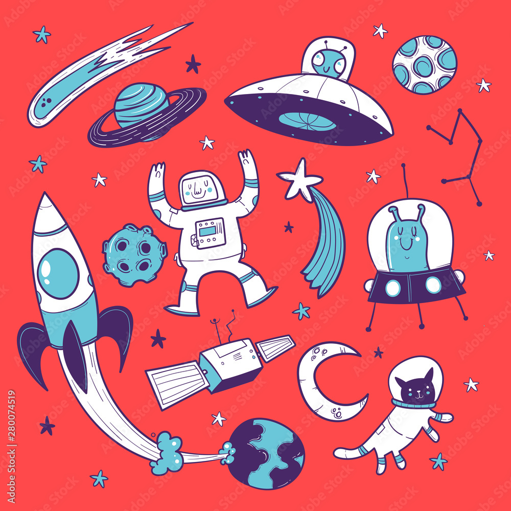 Doodle icons. Space, planets, astronaut, rocket and stars. vector ...
