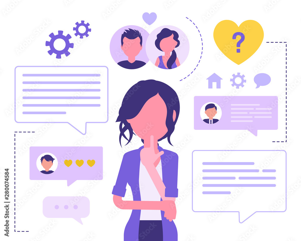 Dating service for female user. Woman using social website or matchmaking application, seeking romantic companion, partner, meet boyfriend online. Vector abstract illustration with faceless character Dating service for female user. Woman using social website or matchmaking application, seeking romantic companion, partner, meet boyfriend online. Vector abstract illustration with faceless character