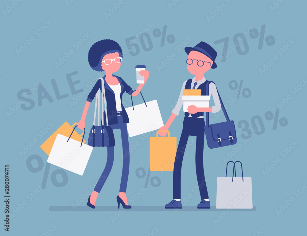 Sale for happy people. Man, woman enjoy shopping together, buying goods at lower price, consumers getting a good bargain. Vector illustration with faceless character, discount percentage background