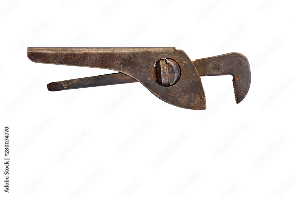 Very old, rusty adjustable wrench on a white background. Very old, rusty adjustable wrench on a white background.