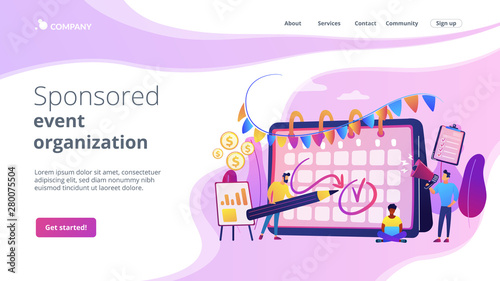 Colleagues preparing for corporate party. Time management, deadline. Brand event. Event brand management, sponsored event organization concept. Website homepage landing web page template.