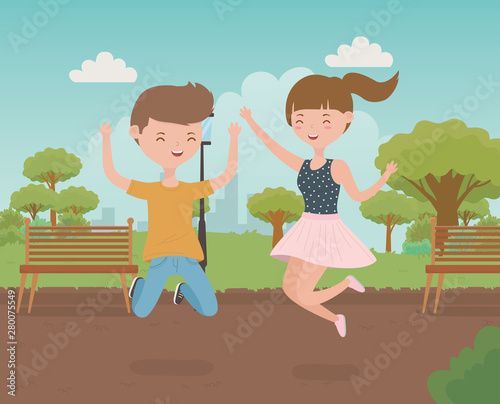 happy couple celebrating in the park scene vector illustration