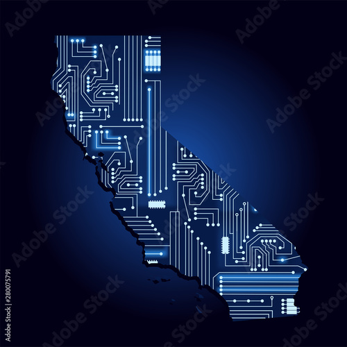 Contour map of California with a technological electronics circuit. USA state. Blue background.