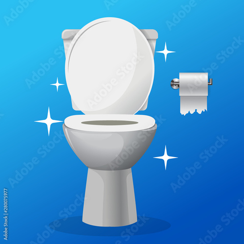 White ceramics vector clean toilet bowl icon with a tolet paper on a hangaer. modern toilet in flat style. Vector illustration.