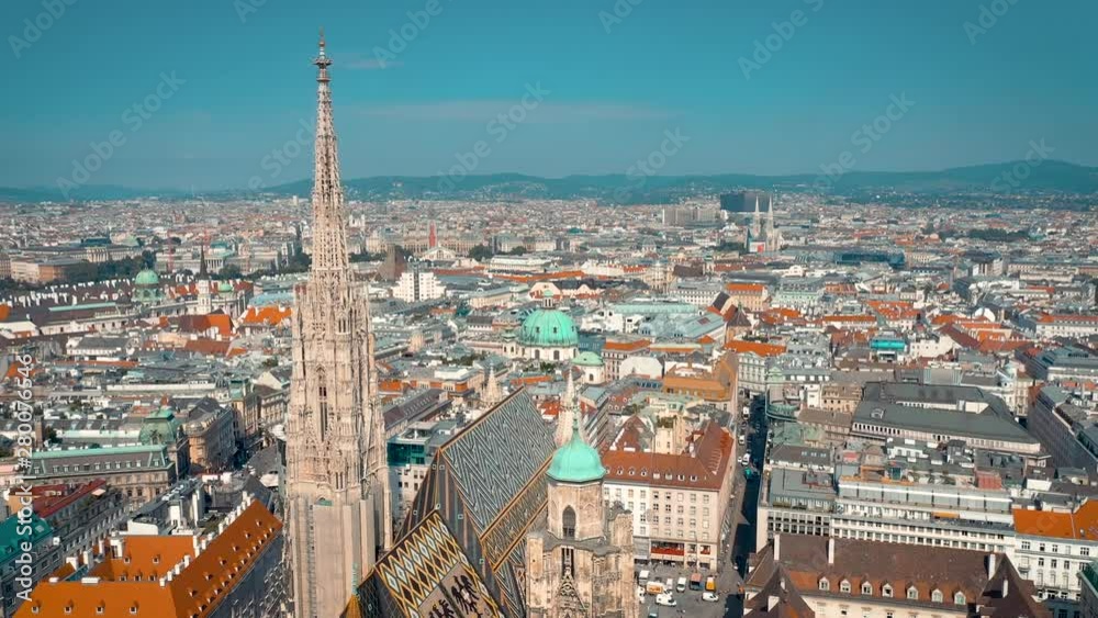 VIENNA, AUSTRIA - JUNE, 2019: City skyline aerial shot. Cathedrals and cityscape. Significant tourist sites from above VIENNA, AUSTRIA - JUNE, 2019: City skyline aerial shot. Cathedrals and cityscape. Significant tourist sites from above