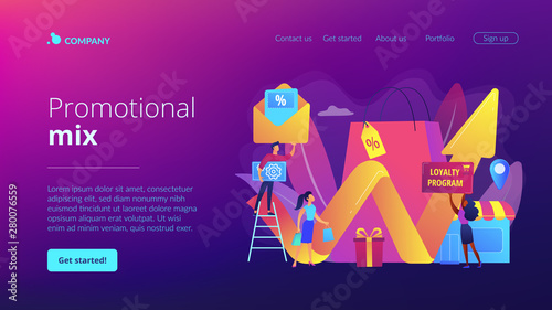 Rewards program. Marketing strategy. Retail promotion. Promotional mix, combination of promotional methods, best promotional tools concept. Website homepage landing web page template.