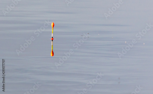 Fisherman's float on the surface of the water in the pond as a background