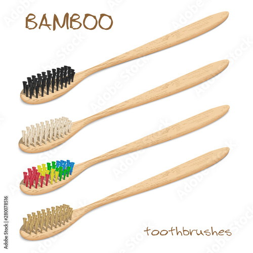 Bamboo toothbrushes. Varicoloured, natural bristle. Zero waste, Biodegradable material. Eco-friendly products. Isolated on white background. Different viewpoint angle. Vector illustration.
