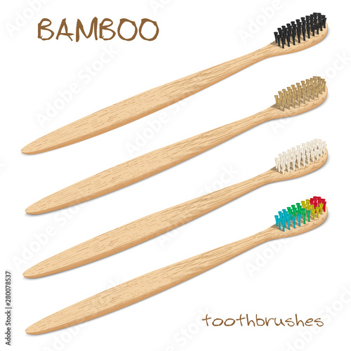 Bamboo toothbrushes. Varicoloured, natural bristle. Zero waste, Biodegradable material. Eco-friendly products. Isolated on white background. Different viewpoint angle. Vector illustration.
