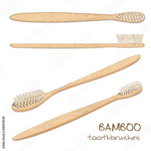 Bamboo toothbrushes. Varicoloured, natural bristle. Zero waste, Biodegradable material. Eco-friendly products. Isolated on white background. Different viewpoint angle. Vector illustration.