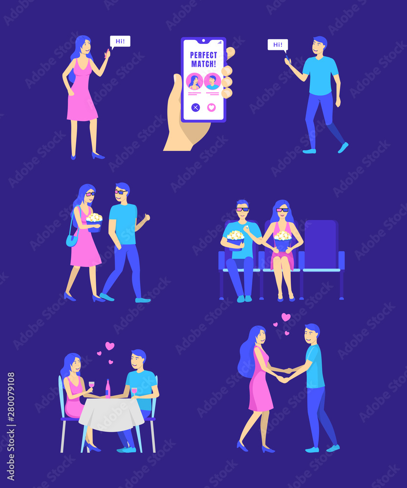 Cartoon Different Characters People and Dating on Smartphones Concept. Vector