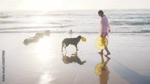 Woman playing with dog at the beach