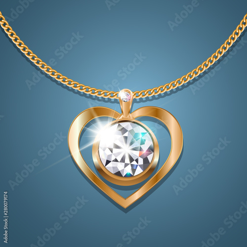 Necklace with a heart-shaped pendant on a gold chain. With a large gold-set diamond in the center. Decoration for women. Isolated. On a dark background. Vector illustration