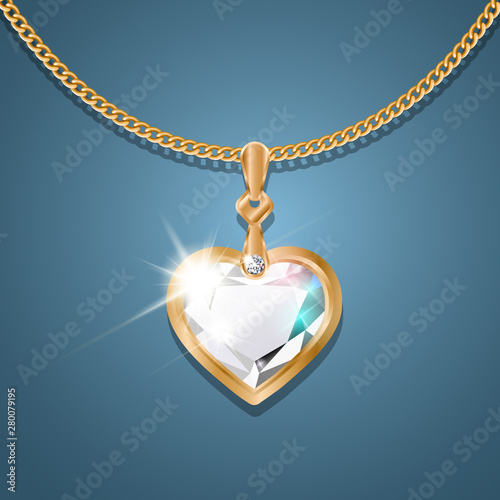 Necklace with pendant on a gold chain. With a large heart shaped diamond. Decoration for women. Isolated. On a dark background. Vector illustration