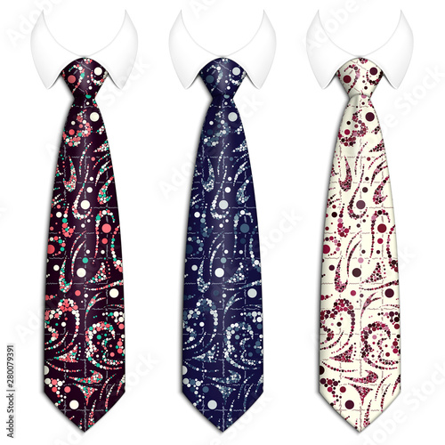 A set of bright ties for men s suits. With an elegant handmade pattern. Realistic illustration. Isolated on white background. Vector illustration