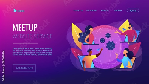 Colleagues business meeting, company internet webcast. Online meetup, join meetup group, meetup website service, best communication here concept. Website homepage landing web page template.