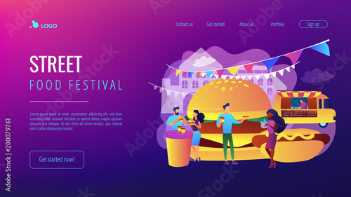 Tiny business people eating burgers and hot dogs in the street at truck on festival. Street food, city food truck, street food festival concept. Website homepage landing web page template.