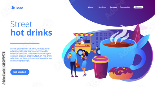 Tiny business people drinking coffee in the street, food cart and huge cup and donut. Street coffee, coffee to go service, street hot drinks concept. Website homepage landing web page template.