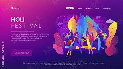 Tiny people enjoying traditional holiday of colors celebration. Holi festival, joyful and colorful festival, city festival day concept. Website homepage landing web page template.