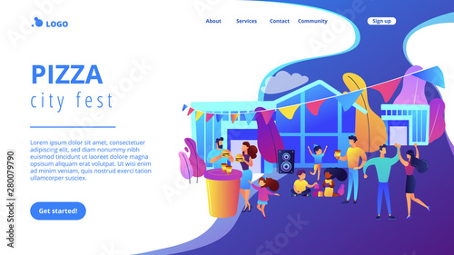 Tiny people with kids eating fast food and dancing, enjoying outdoor festival. Street party, pizza city fest, rib food festival concept. Website homepage landing web page template.