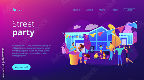 Tiny people with kids eating fast food and dancing, enjoying outdoor festival. Street party, pizza city fest, rib food festival concept. Website homepage landing web page template.