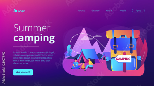 Tent in forest, tourists hiking, backpacking holiday. Summer camping, family camping adventure, sleepaway camp, best camping gears here concept. Website homepage landing web page template.