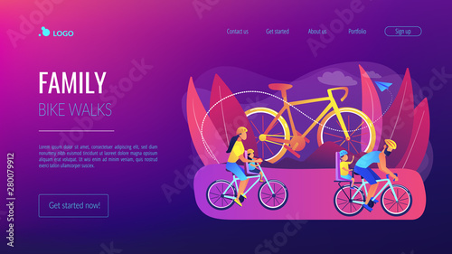 Healthy lifestyle, parents and children doing sport together. Cycling experiences, family bike walks, best bike trails, modern cycling gears concept. Website homepage landing web page template.