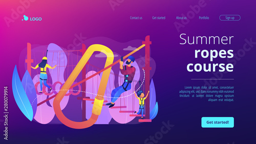 Adventure park, tourists extreme activity for adults and children. Summer ropes course, nature outdoor challenging, best ropes courses here concept. Website homepage landing web page template.