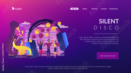 Young people dancing in night club, listening to music, DJ concert. Silent disco, headphones party, quiet rave party, silent disco equipment concept. Website homepage landing web page template.