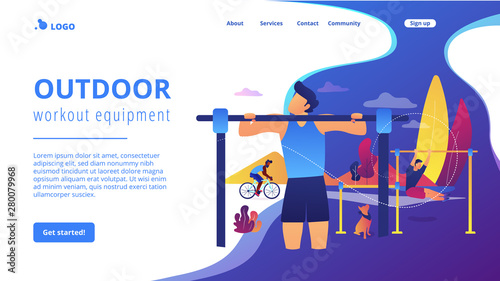 Man training in park, outside gym. Outdoor workout, best bodyweight exercises, outdoor workout equipment, break your routine trainings concept. Website homepage landing web page template.