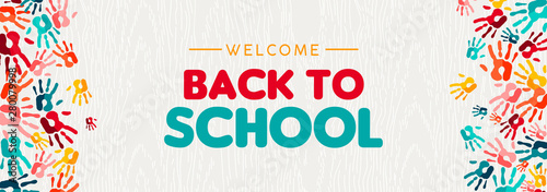 Back to school banner of diverse kid hand prints