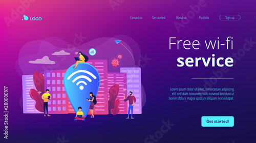 Surfing web, browsing through websites. Free internet, network. Public wi-fi hotspot, free wireless internet access, free wifi service concept. Website homepage landing web page template.