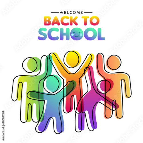 Back to school card of diverse colorful class friends