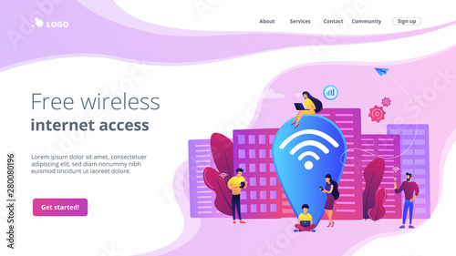 Surfing web, browsing through websites. Free internet, network. Public wi-fi hotspot, free wireless internet access, free wifi service concept. Website homepage landing web page template.