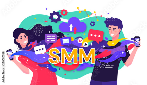 Colorful illustration depicting a SMM Social Media Marketing concept with two happy young people fast streaming dating data between their smartphones. Vector Flat Illustration. photo