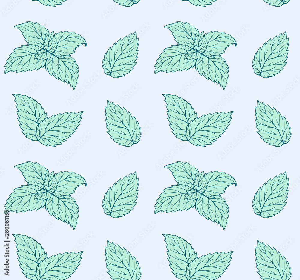 Handdrawn green leaves mint seamless pattern 