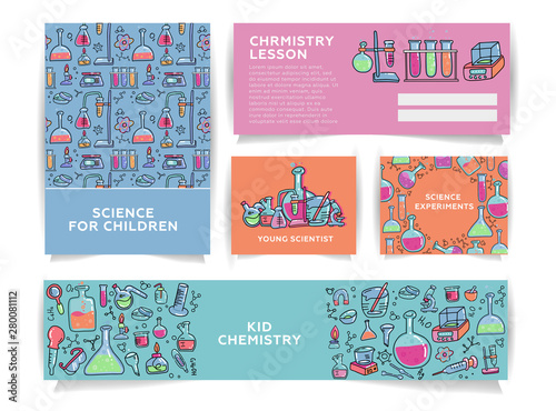 Set of chemistry for kids banner templates. Science for children School research in chemistry. Entertaining chemistry concept in color doodle vector style.
