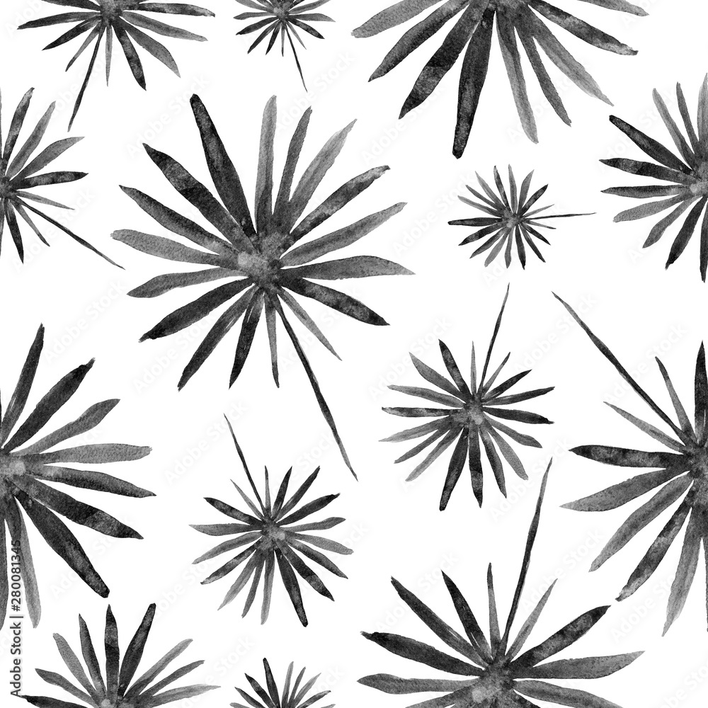 Palm leaves watercolor painting - black and white colors tropical seamless pattern on white background