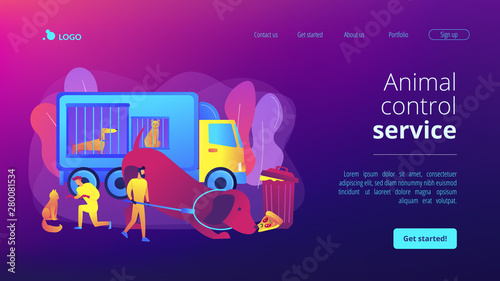 Homeless animals care, transporting dogs to shelters. Animal control service, catching of stray dogs and cats, actual urbanistic problems concept. Website homepage landing web page template.