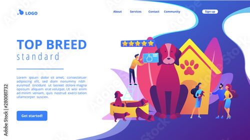 Dog breeding, buying puppy at pet store. Domestic animal. Couple adopting puppy. Breed club, top breed standard, buy your purebred pet here concept. Website homepage landing web page template.