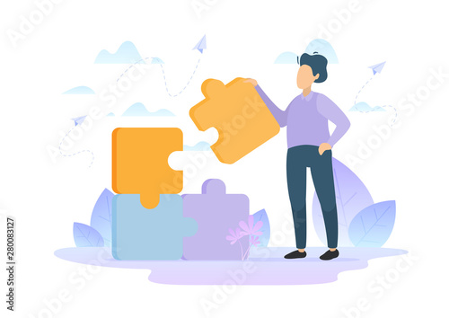 People connect the elements of the puzzle. Strong team. Team business. Vector graphics