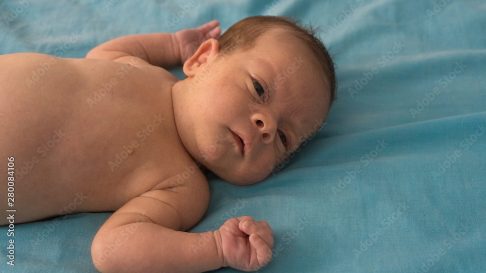 Portrait of a newborn baby in a blue bed