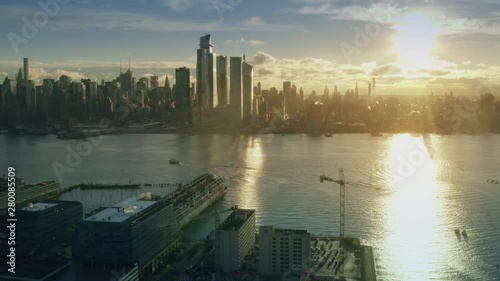 Aerial View Sunrise at New York City and sunflares 4k Midtown Sunrise series photo