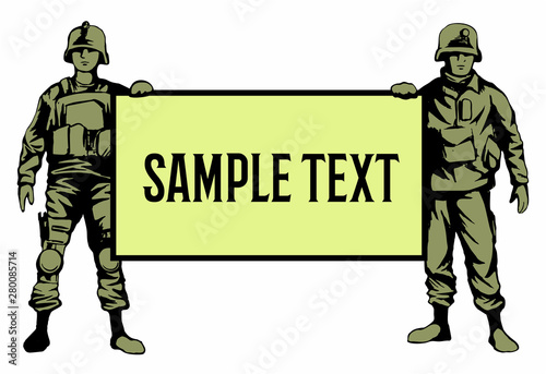Troops, soldiers in military uniform holding a banner, isolated on white background.