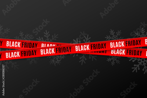 Red ribbons for black friday sale on black background. Crossed ribbons. Snowflakes background. Graphic elements. Vector illustration