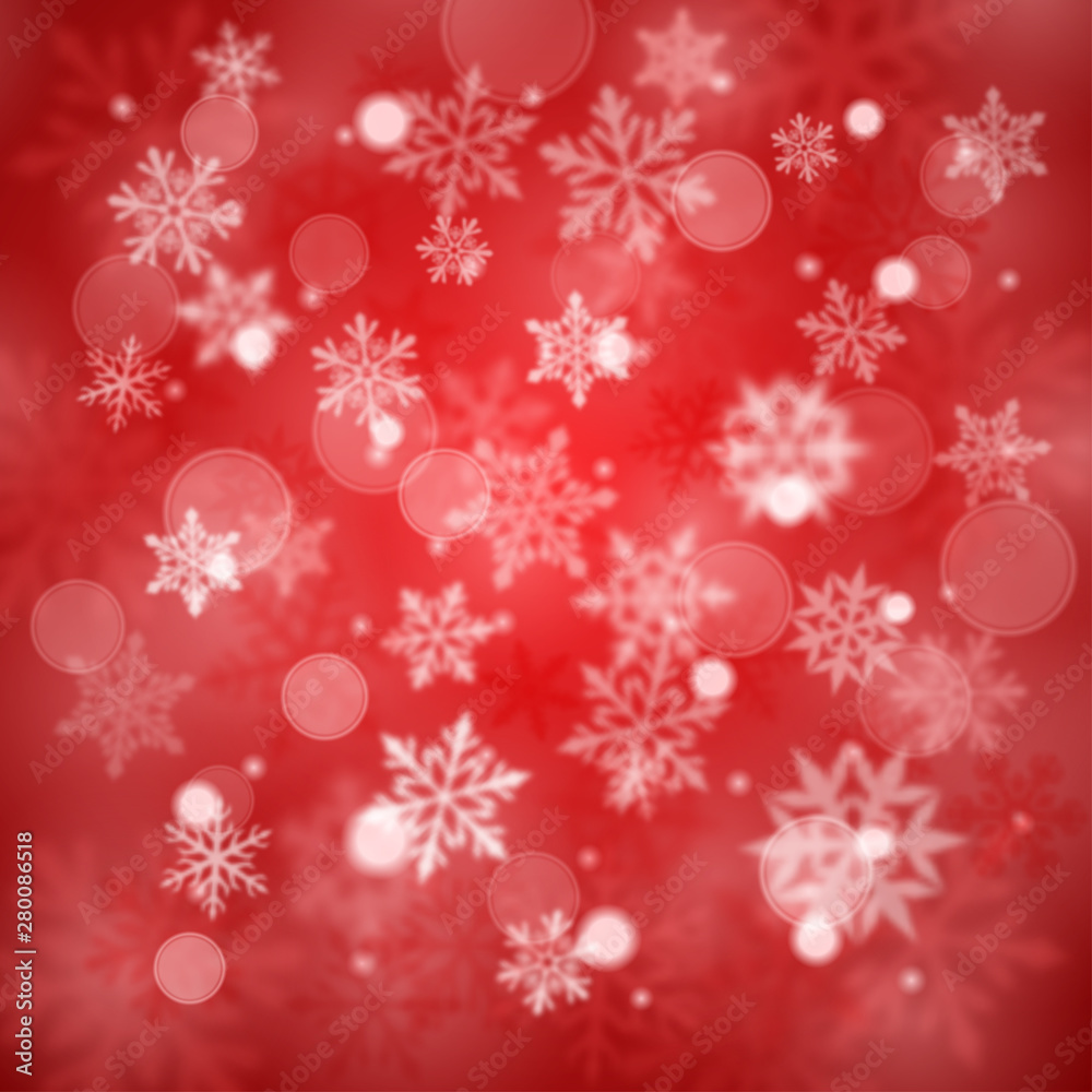 Christmas blurred background of complex defocused big and small falling snowflakes in red colors with bokeh effect Christmas blurred background of complex defocused big and small falling snowflakes in red colors with bokeh effect
